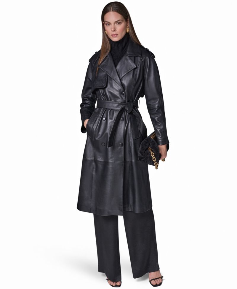 Women's Double Breasted Belted Leather Trench Coat