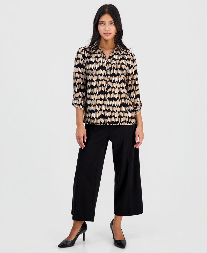 Women's Printed Collared 3/4-Sleeve Top