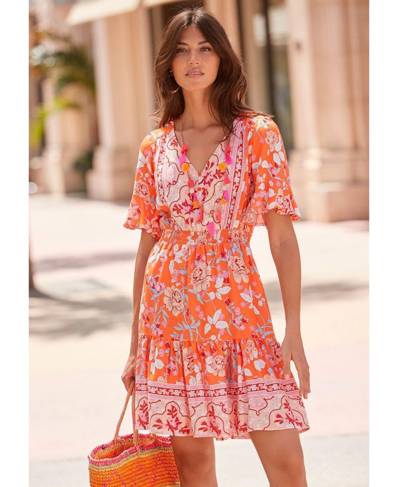 Women's Floral-Print Tiered A-Line Short-Sleeve Dress
