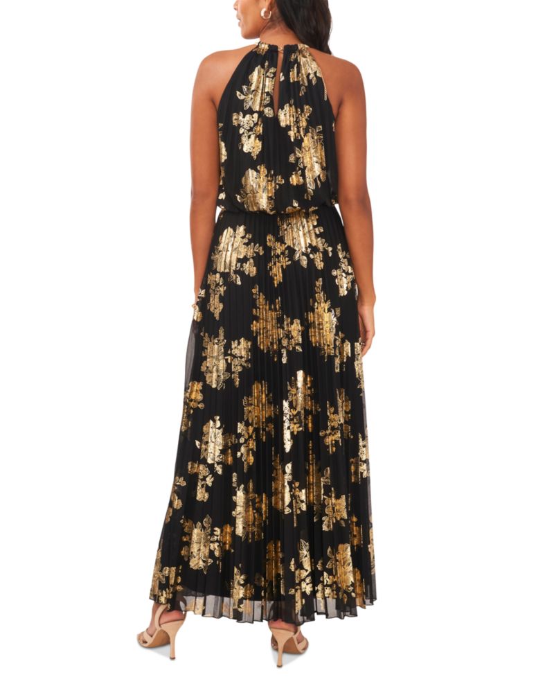 Metallic-Print Pleated Blouson Gown
