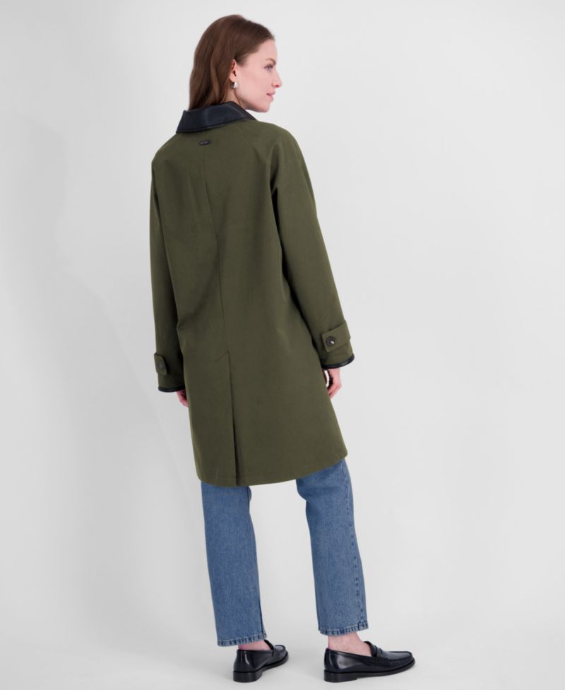 Women's Water-Resistant Faux-Leather Collared Balmacaan Coat