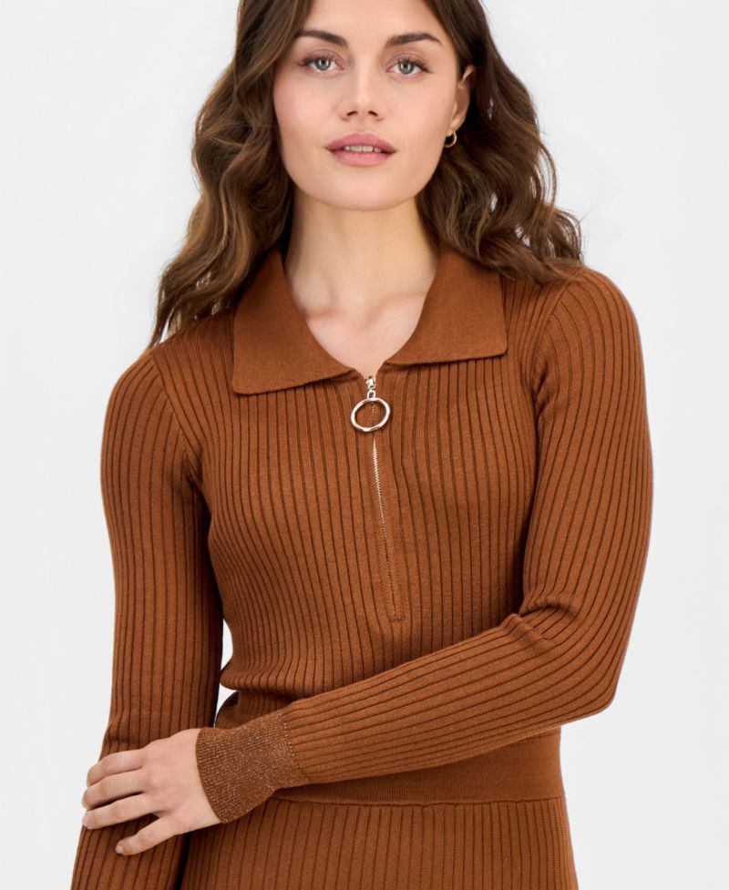 Women's Lurex Ribbed-Knit Zip-Front Midi Dress