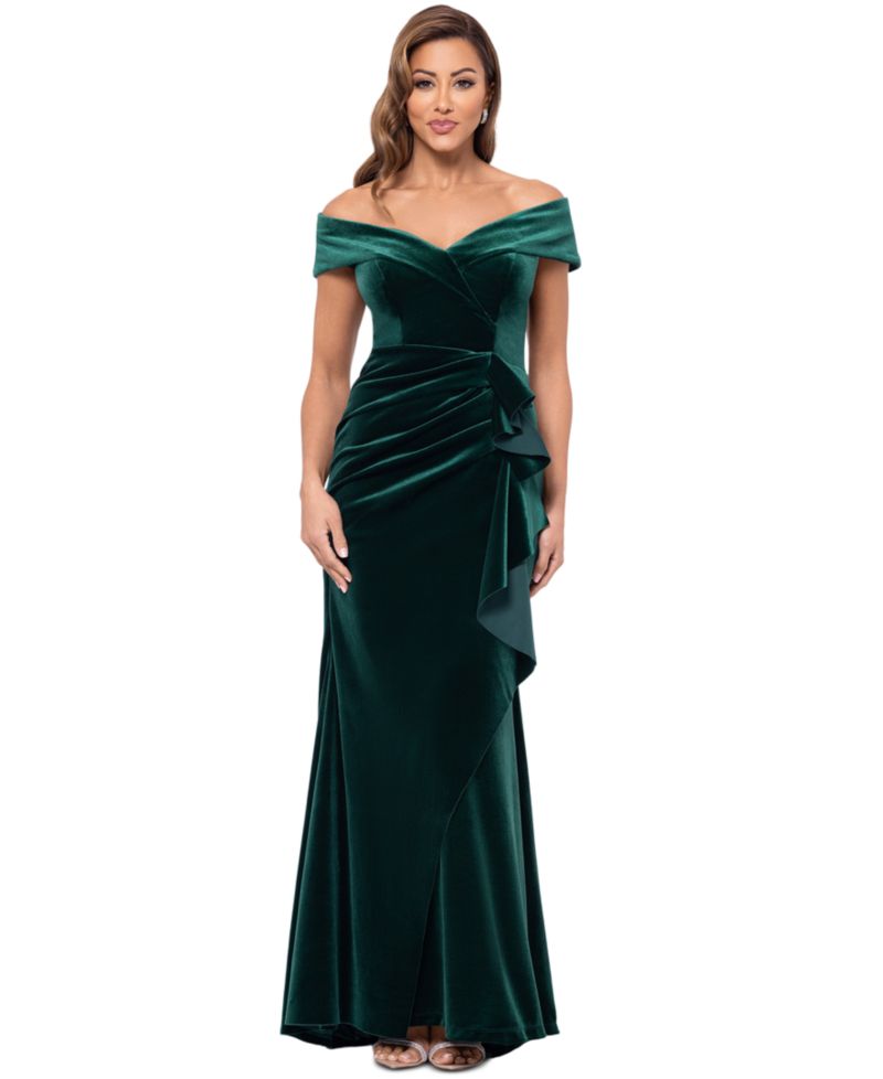 Petite Ruffled Off-The-Shoulder Velvet Gown