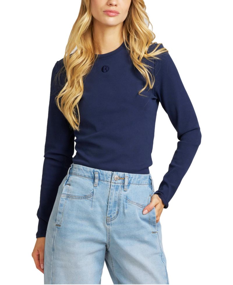 Women's Embroidered Ribbed-Knit Long-Sleeve T-Shirt
