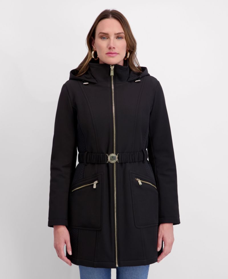 Women's Hooded, Metal Buckle Belted Softshell with Embossed Panels