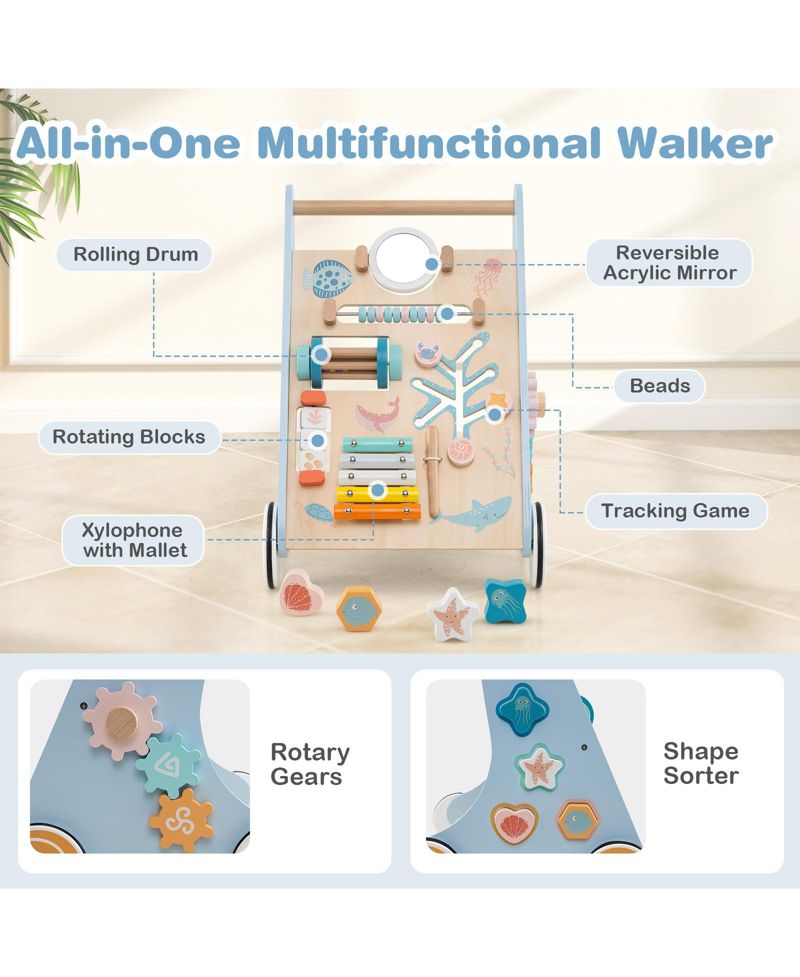 Wooden Baby Walker Sit to Stand Walker w/ Wheels Push and Pull Learning Activity Center
