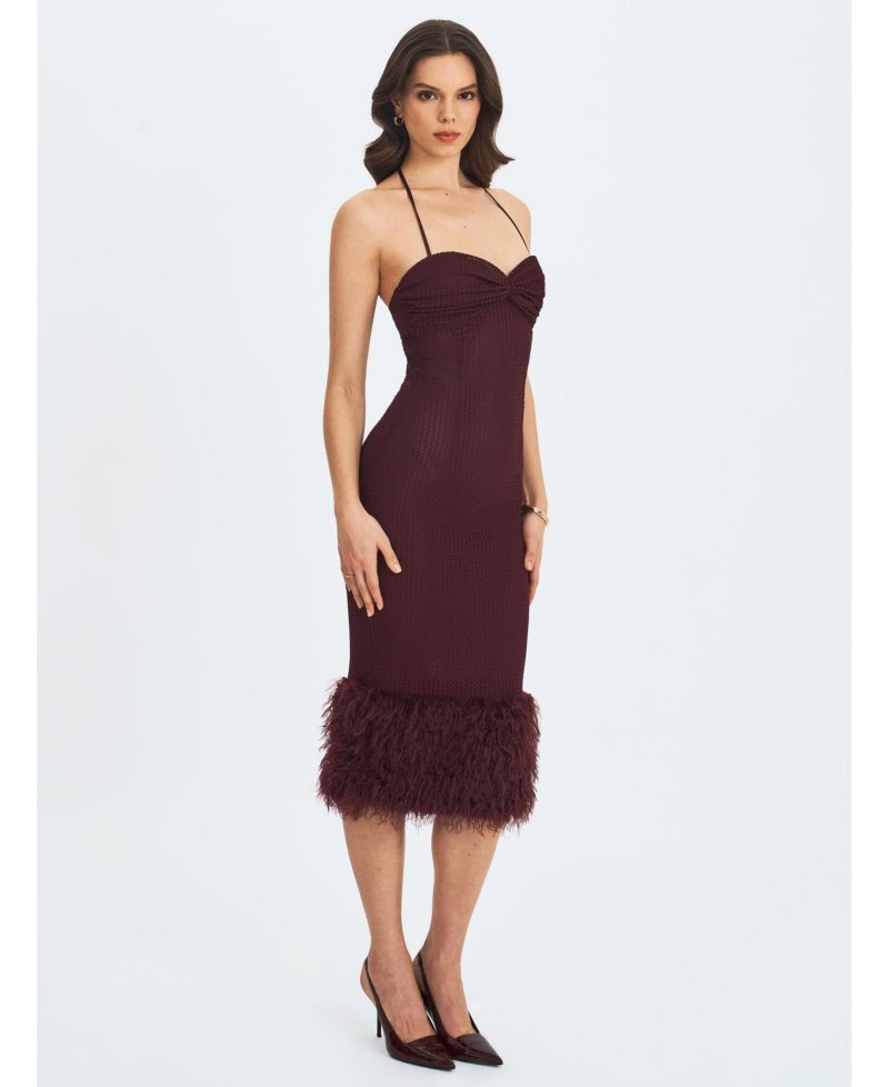 Women's Pluma Maroon Halter Faux-Fur Trimmed Midi Dress