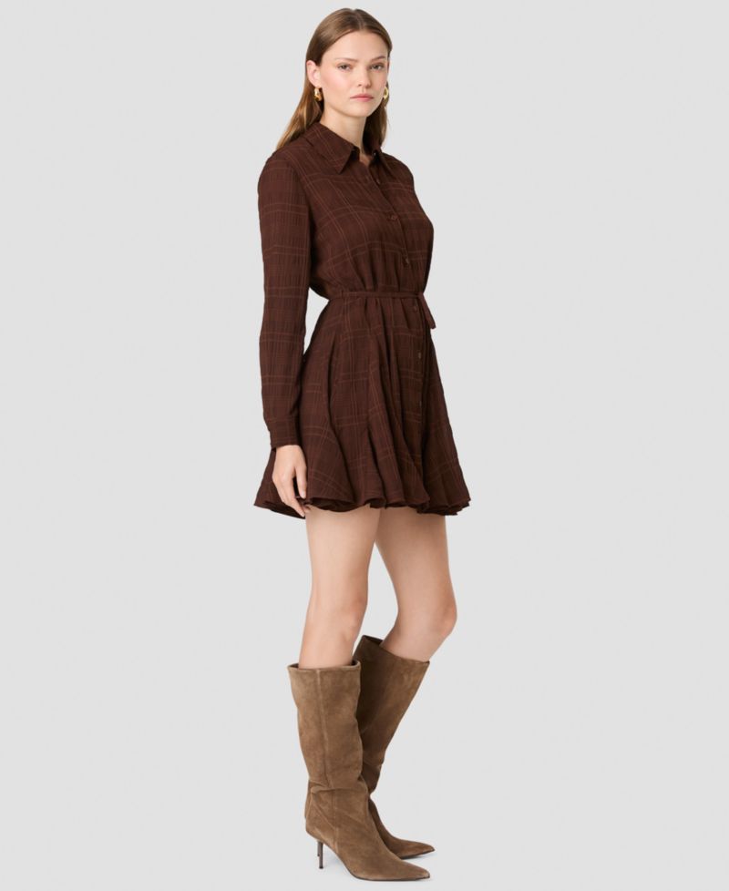 Women's Collared Long-Sleeve Tie-Waist Mini Dress