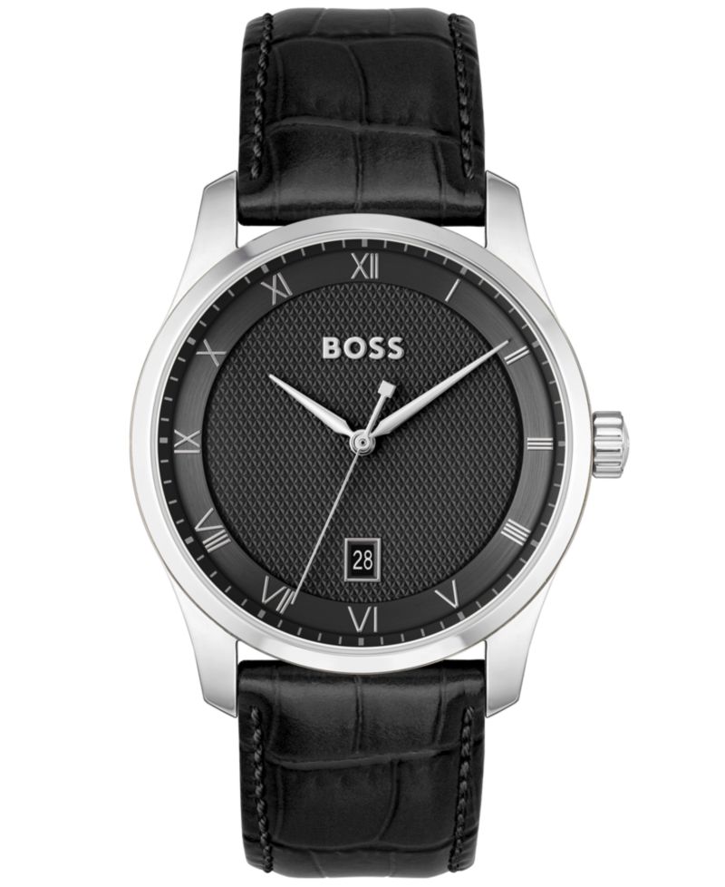 Men's Principle Quartz Basic Calendar Black Leather Watch 41mm