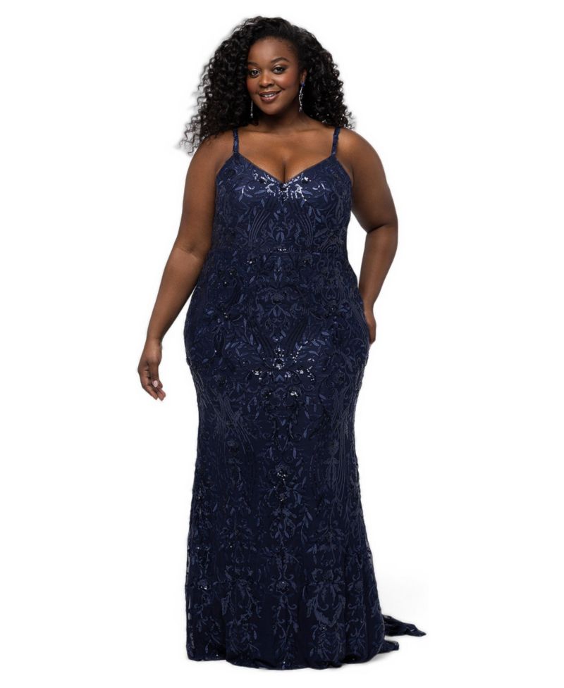 Plus Size High Hopes Stretch Sequin Fitted V-Neck Formal Dress