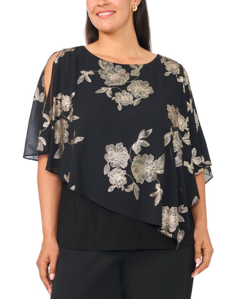 Plus Size Floral-Print Cold-Shoulder Overlay Top