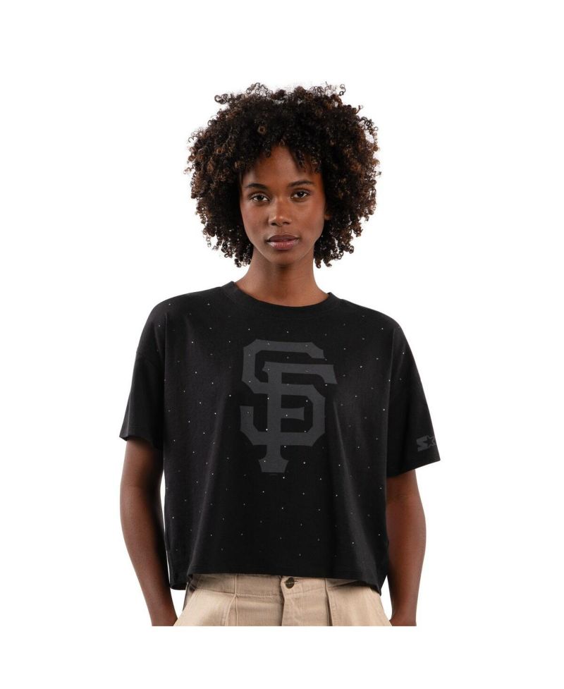 Women's Black San Francisco Giants Rhinestone Sprinkle Boxy Cropped T-Shirt