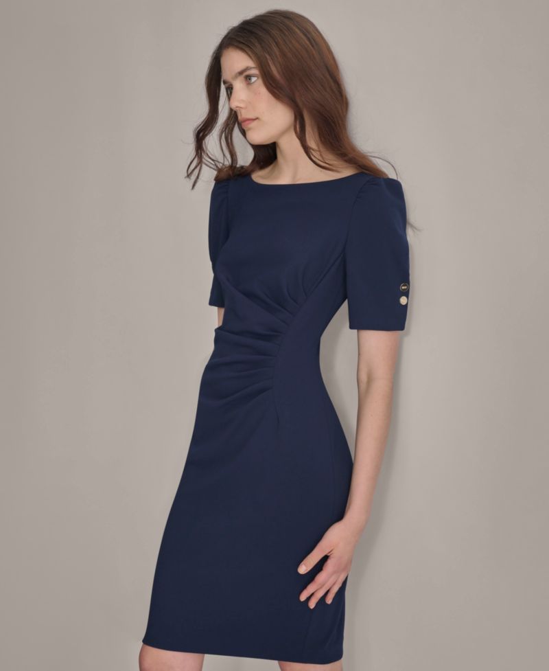 Petite Ruched Jewel Neck Sheath Dress