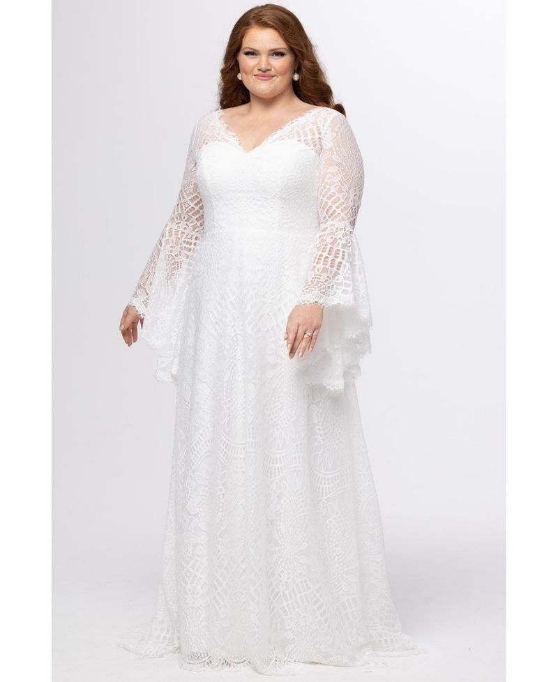 Women's Boho Lace Wedding Dress with Bell Sleeves
