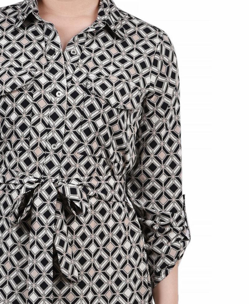 Petite Geometric Printed Long Sleeve Roll Tab Shirtdress