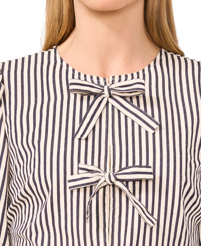 Women's Striped Puff 3/4-Sleeve Bow-Front Peplum Blouse