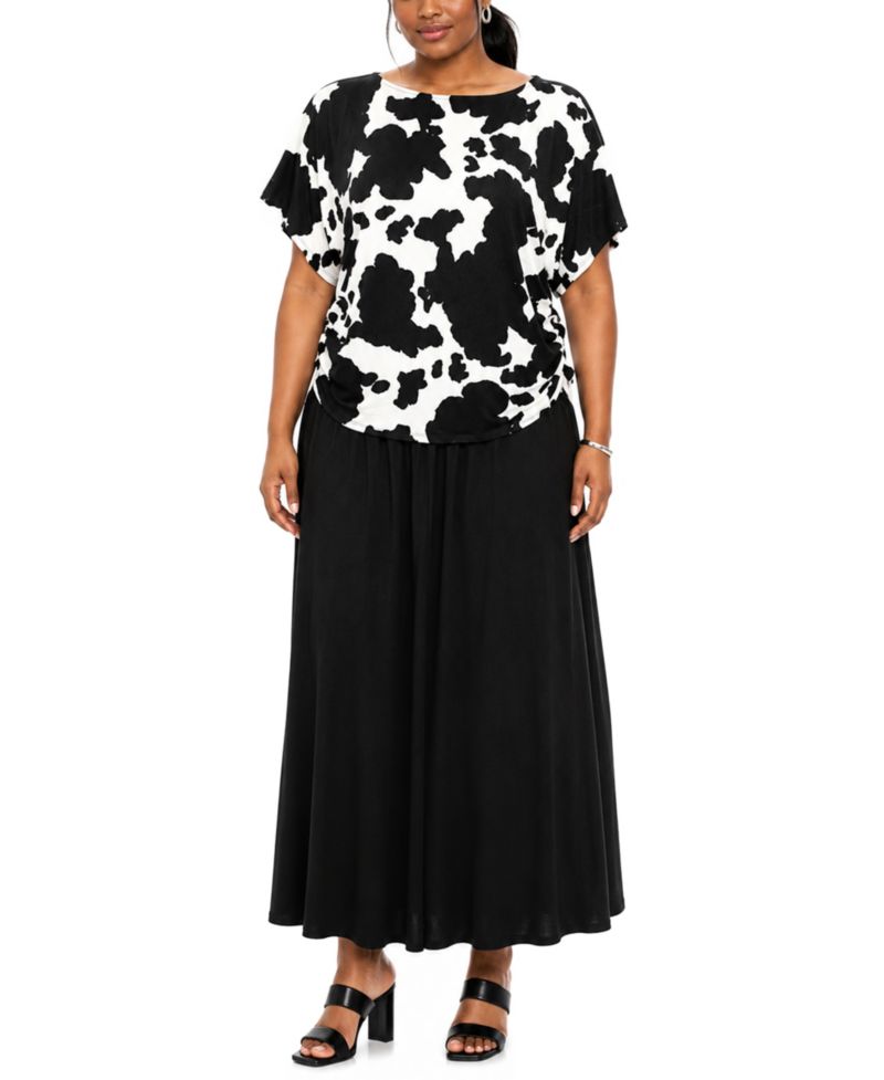 Plus Size Cow Print Batwing Short-Sleeve Side-Ruched Boat Neck Top