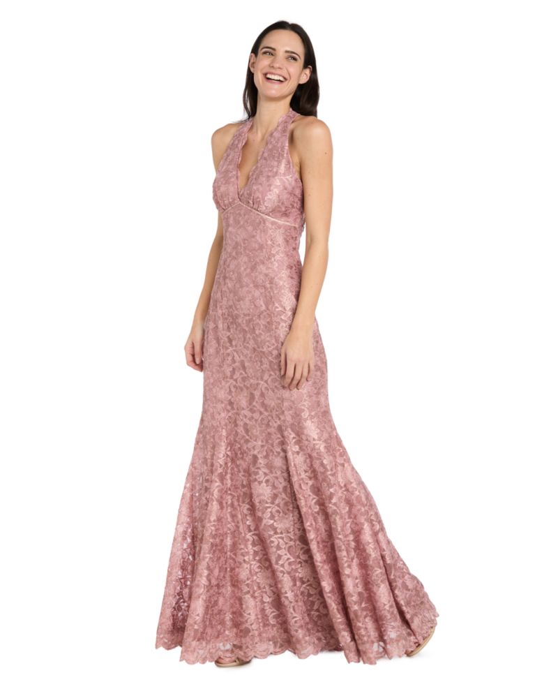 Petite Halter V-Neck Stretch Lace Ball Gown