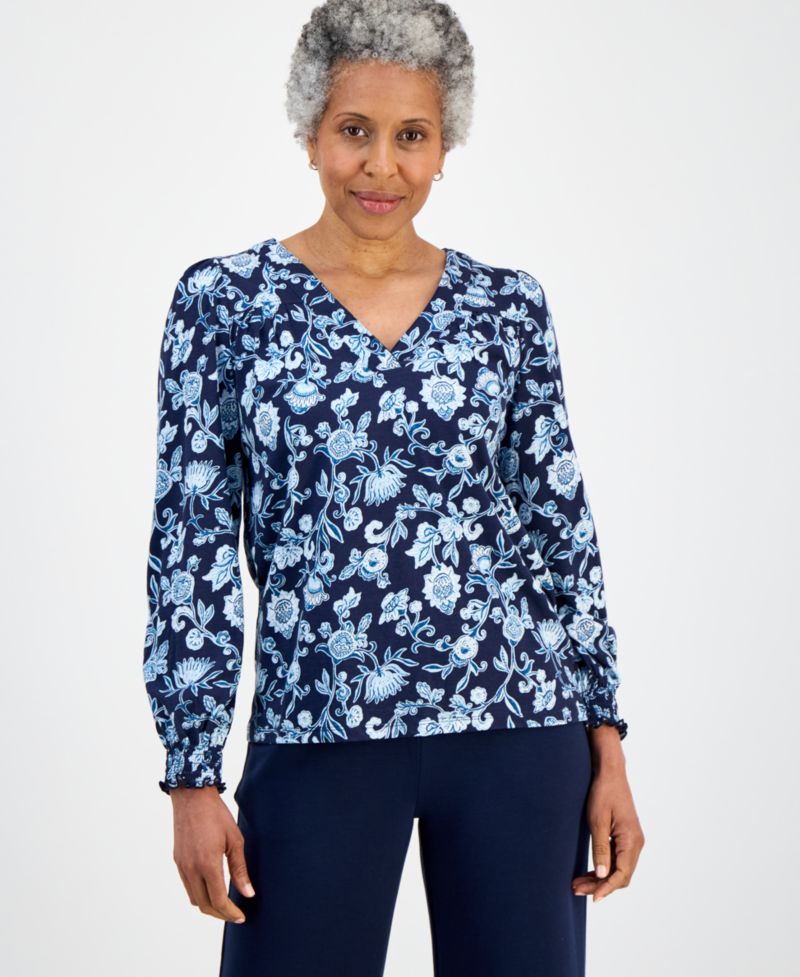 Petite Fresh Paisley V-Neck Long-Sleeve Top