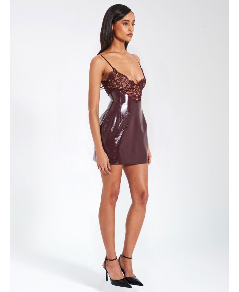 Women's Shelby Dark Brown Faux Leather with Lace Mini Dress