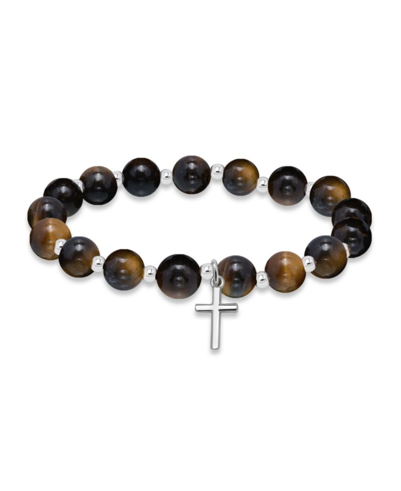 Silver-Plated Beaded Cross Charm Stretch Bracelet