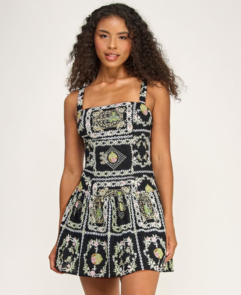 Juniors' Printed Square Neck Eyelet Drop Waist Short Dress