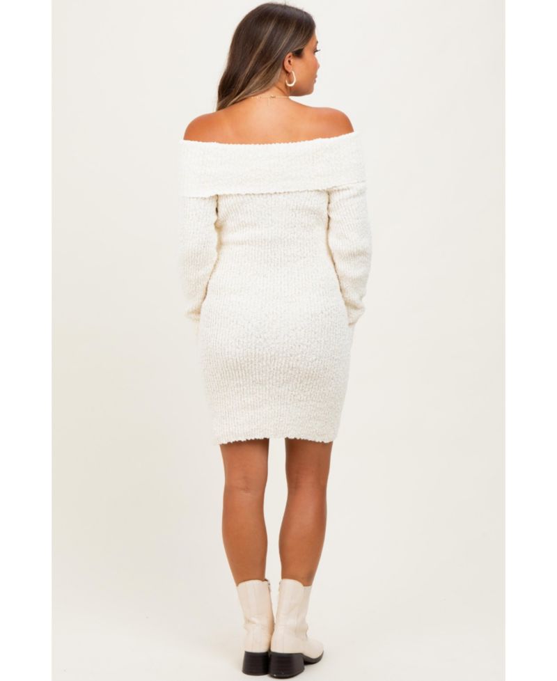 Women's Ivory Off The Shoulder Knit Sweater Mini Dress