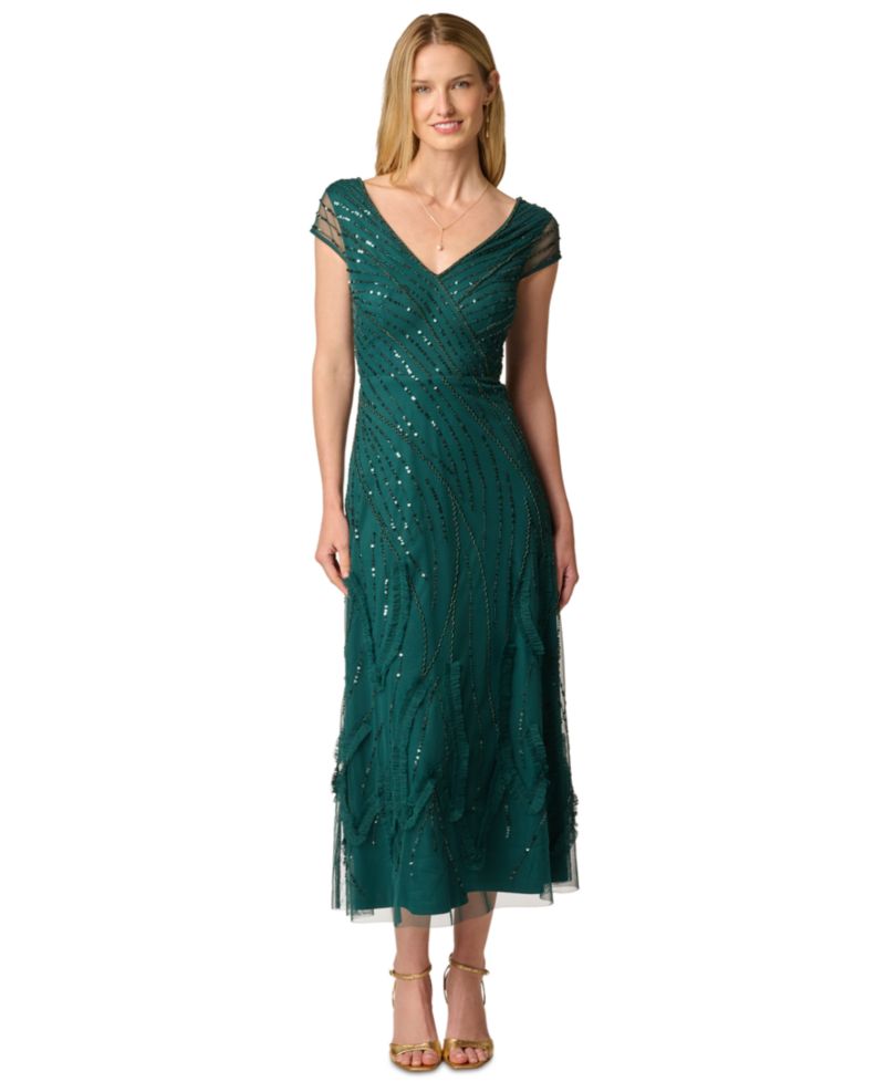 Women's Beaded Cap-Sleeve V-Neck Midi Dress