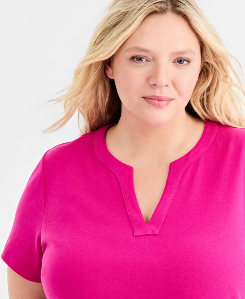 Plus Size Short-Sleeve Split-Neck Top