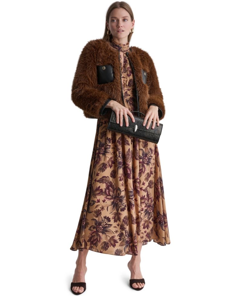 Women's Cropped Faux Fur Jacket with Faux Leather Trim