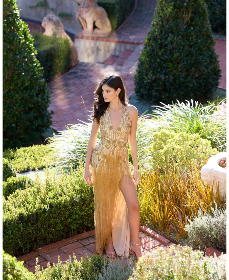 Women's Embellished Halter Gown with Fringe Slit