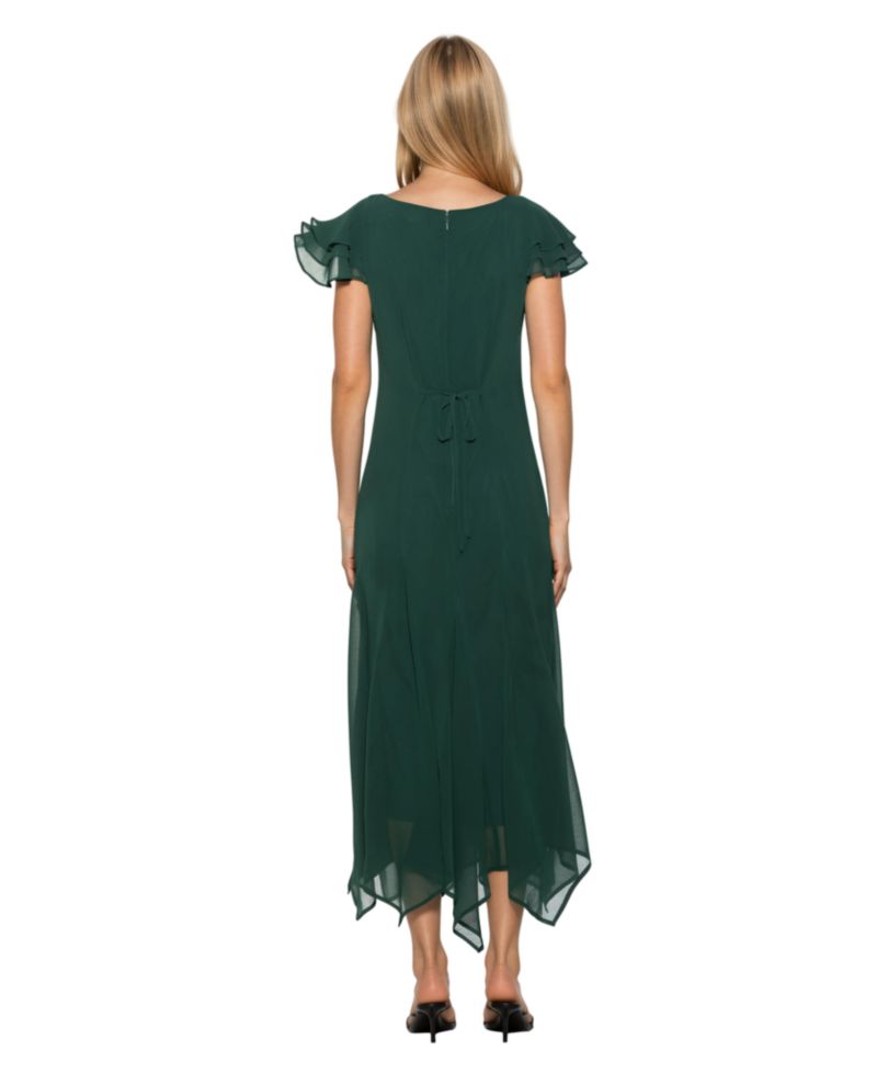 Women's Kaelith Ruffle-Sleeve Asymmetrical-Hem Midi Chiffon Dress