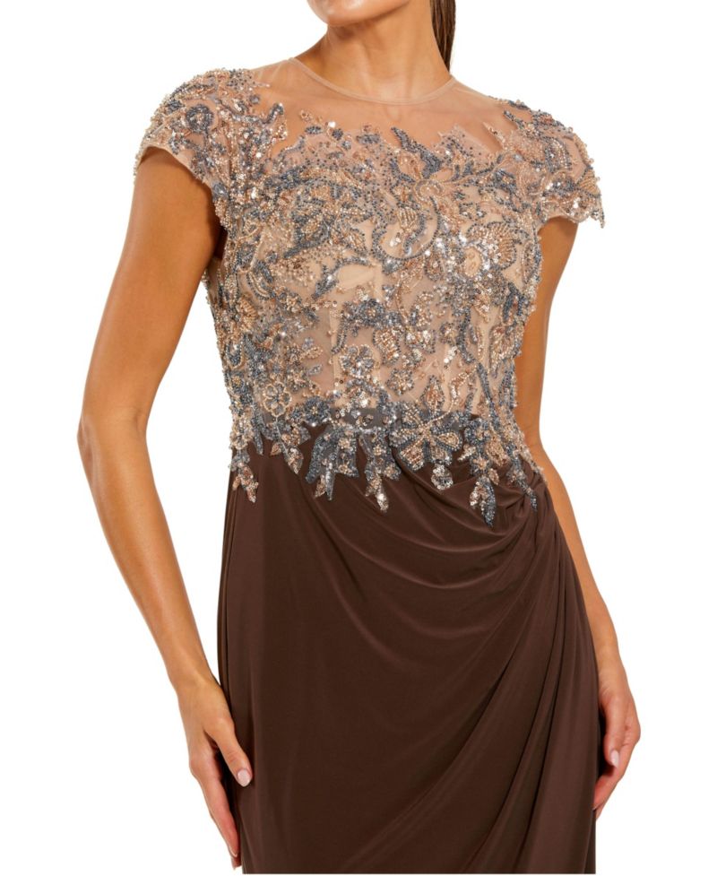 Women's Petite Crystal-Embellished Illusion-Neck Evening Gown