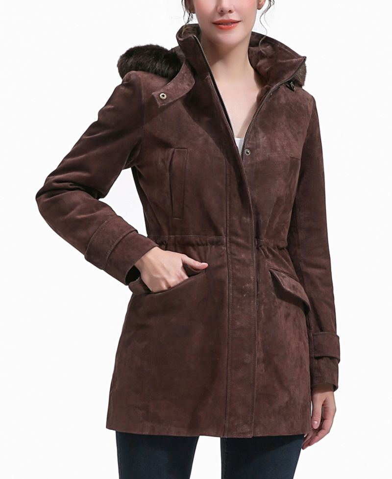 Women's Iris Hooded Suede Leather Parka Jacket