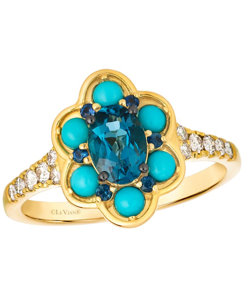 London Blue Topaz (3/4 ct. t.w.), Sapphire (2/25 ct. t.w.), Turquoise (11/25 ct. t.w.) Ring in 14k Honey Gold
