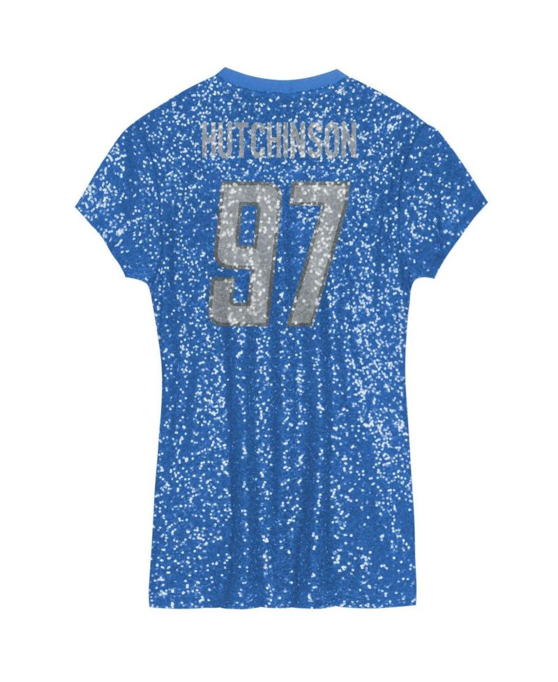 Big Girls Aidan Hutchinson Blue Detroit Lions Sequin Player Name & Number V-Neck Dress
