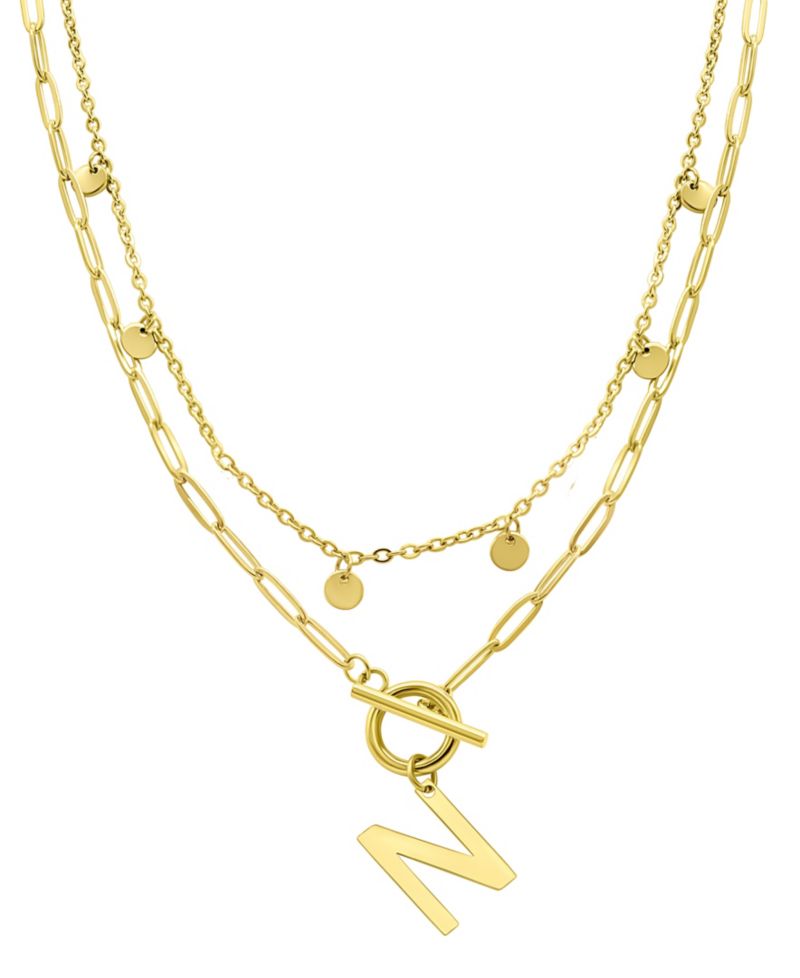 Tarnish Resistant 14K Gold-Plated Confetti and Paperclip Layered Initial Toggle Necklace