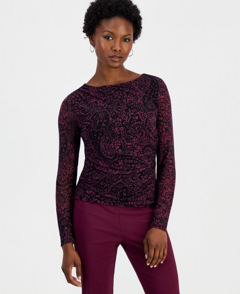 Women's Petite Long-Sleeve Ruched Mesh Top