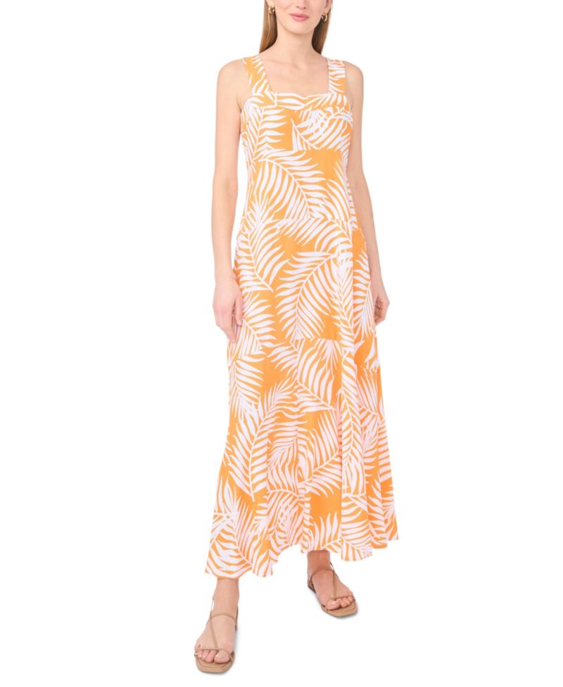 Women's Tropical-Print Square-Neck Smocked-Back Sleeveless Maxi Dress