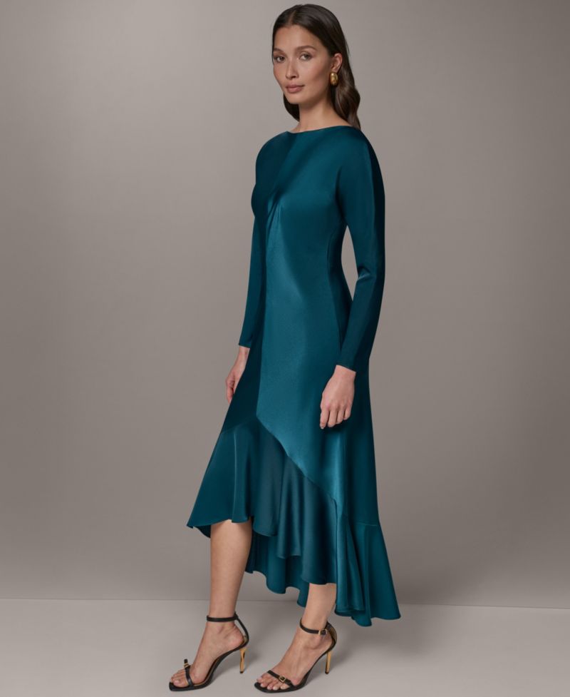 Women's Long-Sleeve Satin High-Low Flounce Hem Dress
