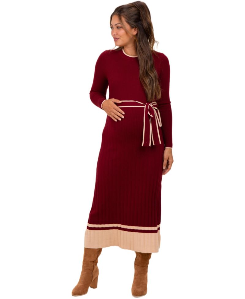 Women's Burgundy Elegant Ribbed Midi Sweater Dress With Belt