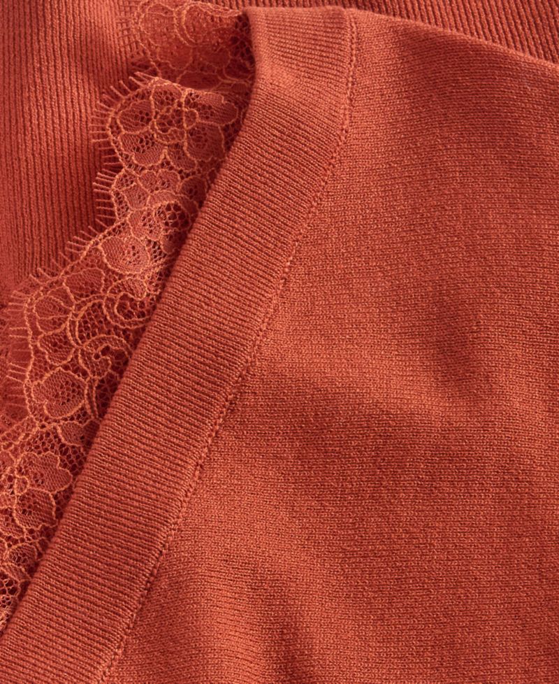 Petite Lace Trim Double V Neck Dolman Long-Sleeve Viscose-Blend Sweater