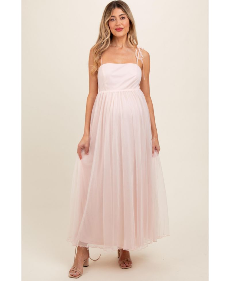 Women's Light Pink Square Neck Shoulder Tie Tulle Maxi Dress