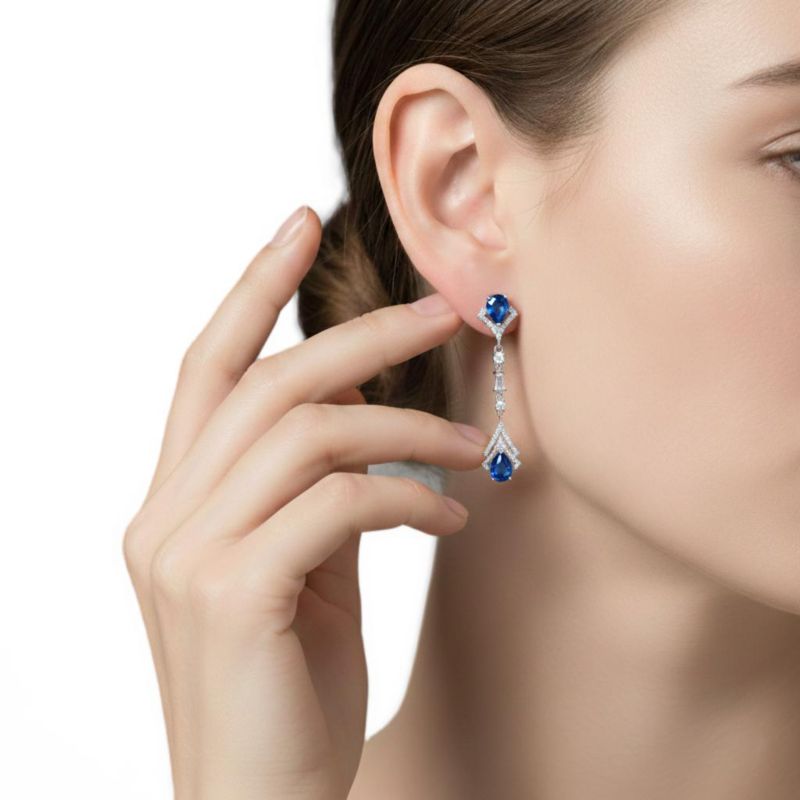 Elegant Sterling Silver White Gold Plated CZ Double Halo Drop Earrings