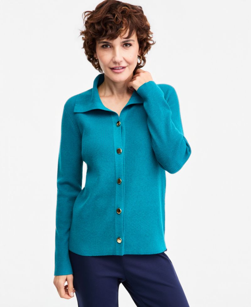 Petite Collared Long-Sleeve Button Cardigan