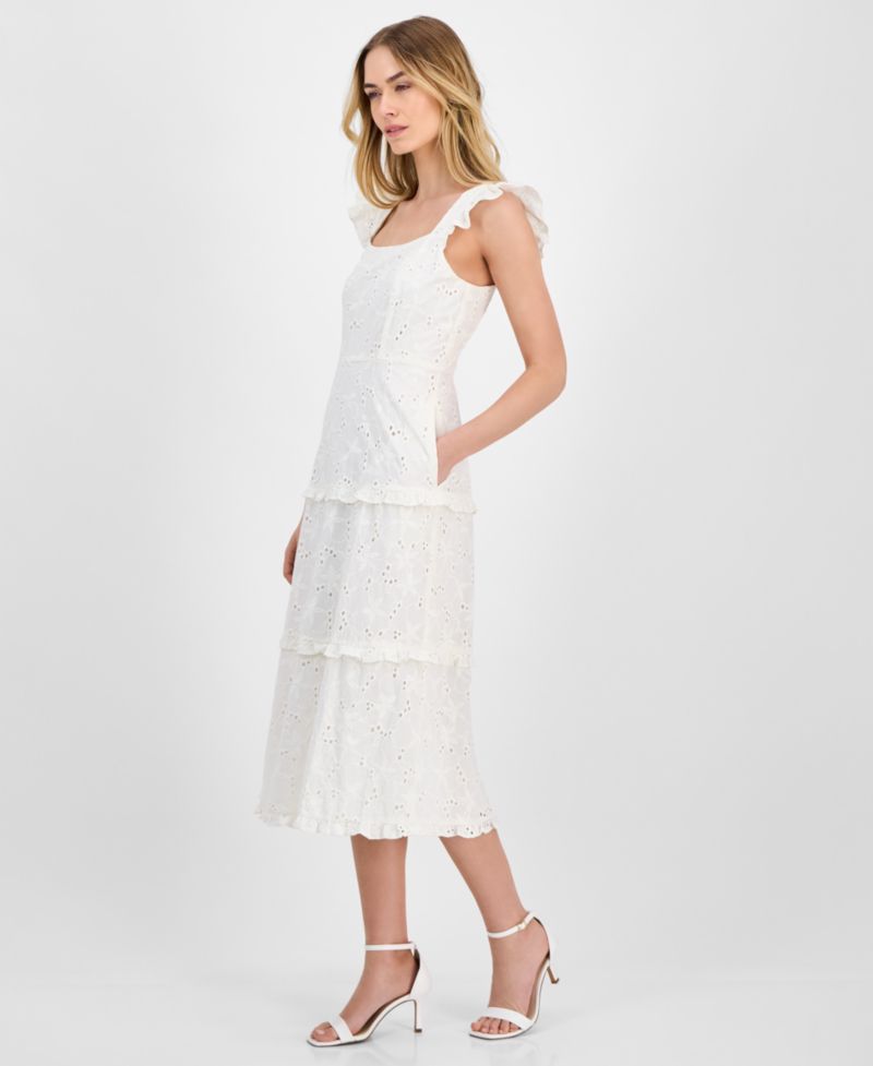 Women's Eyelet Square-Neck Tiered Midi Dress