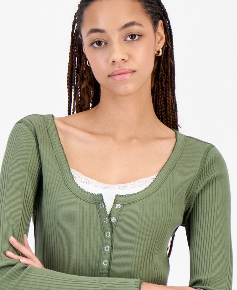 Juniors' Layered-Look Henley Ribbed Long-Sleeve Top