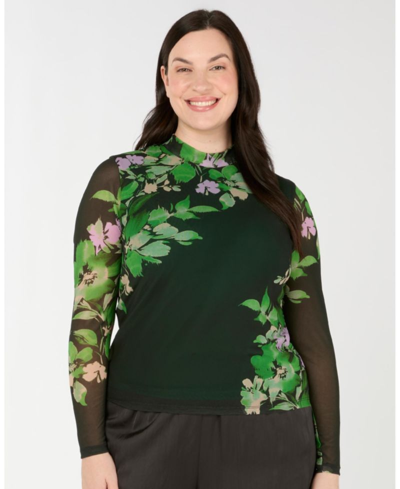 Women's Fiora Floral Sheer Long Sleeve Mock Neck Mesh Top