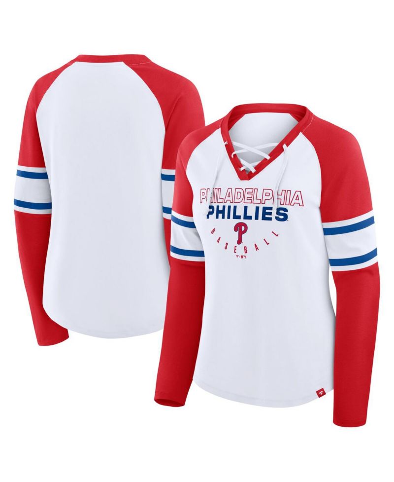 Women's White/Red Philadelphia Phillies Blitz Package Raglan Lace-Up V-Neck Long Sleeve T-Shirt