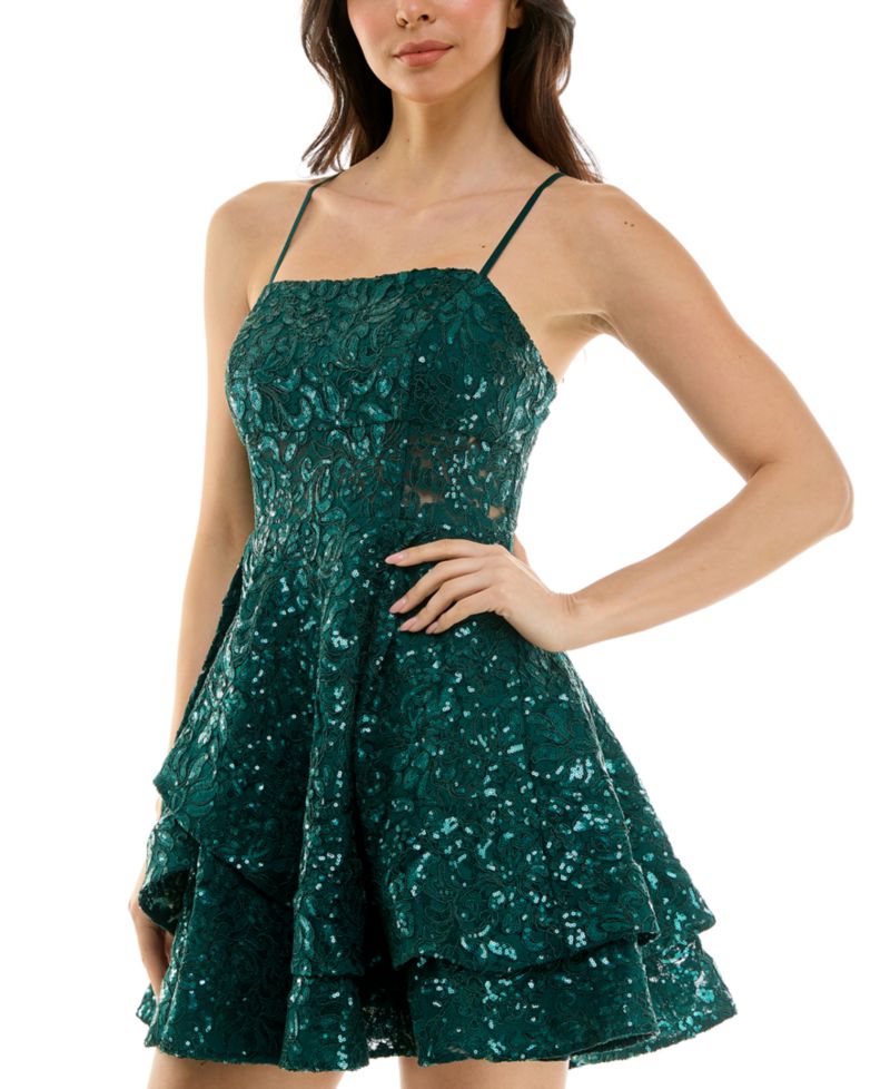 Juniors' Sequined Lace Spaghetti Strap Square-Neck Dress